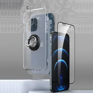 iphone 13 14专业0.33毫米丝绸钢化玻璃手机套装屏幕保护戒指支架全盖手机外壳