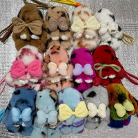 Porte-clés lapin en fourrure véritable de 15 cm avec nœud tacheté, pompons en peluche, porte-clés lapin mignon et moelleux, porte-clés lapin arc-en-ciel