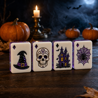 Nouvelles tuiles de mahjong en acrylique sur le thème d'Halloween, avec paillettes violettes, fantômes, citrouilles, crânes, mahjong créatif pour jeu de table de fête