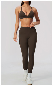 Ensemble de sport décontracté 2 pièces vert olive pour femme, haut dos croisé et leggings taille haute en polyester tricoté respirant - Product Image 6