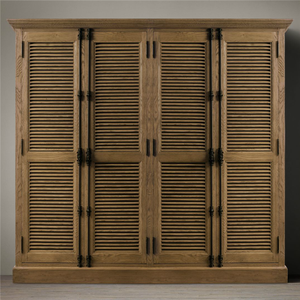 Lemari Pakaian <span class=keywords><strong>4</strong></span> Pintu Kayu Solid Gaya Prancis Modern, Warna Kayu Alami Distressed, Kabinet Penyimpanan Kamar Tidur - Product Image 2
