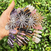 Serre-tête Couronne de Perles Artisanale Plaquée Couleur AB avec Pointes de Cristal Naturelles, Pendentif Perle Déesse du Soleil, Coiffe de Mariée Halloween