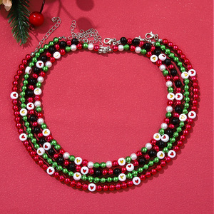 Christmas Pearl Necklace Women's Multi Layer Beaded Sweater <b>Chain</b> Holiday Jewelry Red Green <b>Black</b> Heart Design - Product Image 1