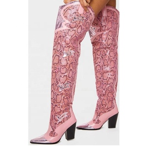 Bottes hautes à talon aiguille en similicuir imprimé serpent avec tige en maille pour femme, bout pointu, grandes tailles 43, à enfiler, au-dessus du genou - Product Image 5