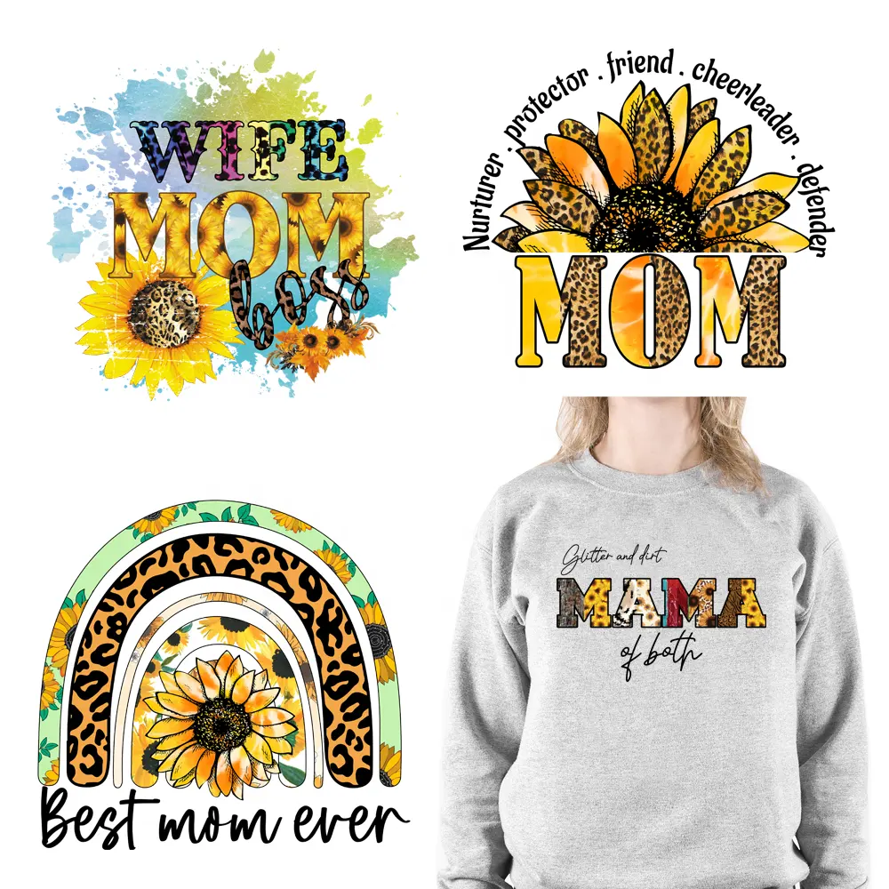 Discount Price Cartoon Mama Design DTF Decals Best Mom Ever With Sunflower Clear Film Heat Transfer Stickers For Cloth