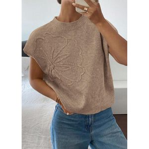 FOXA Chaleco de punto para mujer, manga corta, bordado de flores, ropa de abrigo para primavera y verano - Product Image 3