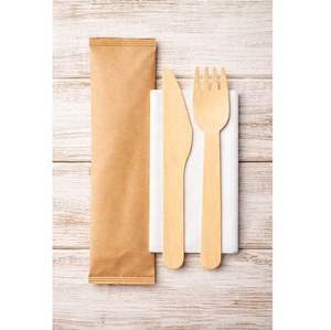 Juego de Cubiertos Desechables Biodegradables y Compostables de Madera de Magnolia Conifera de Alta Calidad, Ecológicos, 3 en 1 (Tenedor, Cuchillo, Servilleta de Papel) - Product Image 1