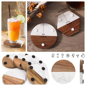 Acacia <strong>Coaster</strong> <strong>Set</strong> of 4 for Drinks Wood and Marble New Europe Christmas Restaurants Round Marble Stone Mats &amp; Pads Support 10mm - Product Image 4
