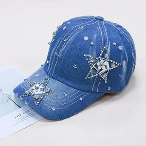Topi Bisbol Dekorasi Bintang Berlian Imitasi Bunga Topi Bisbol Denim Grosir dengan Tali Kulit