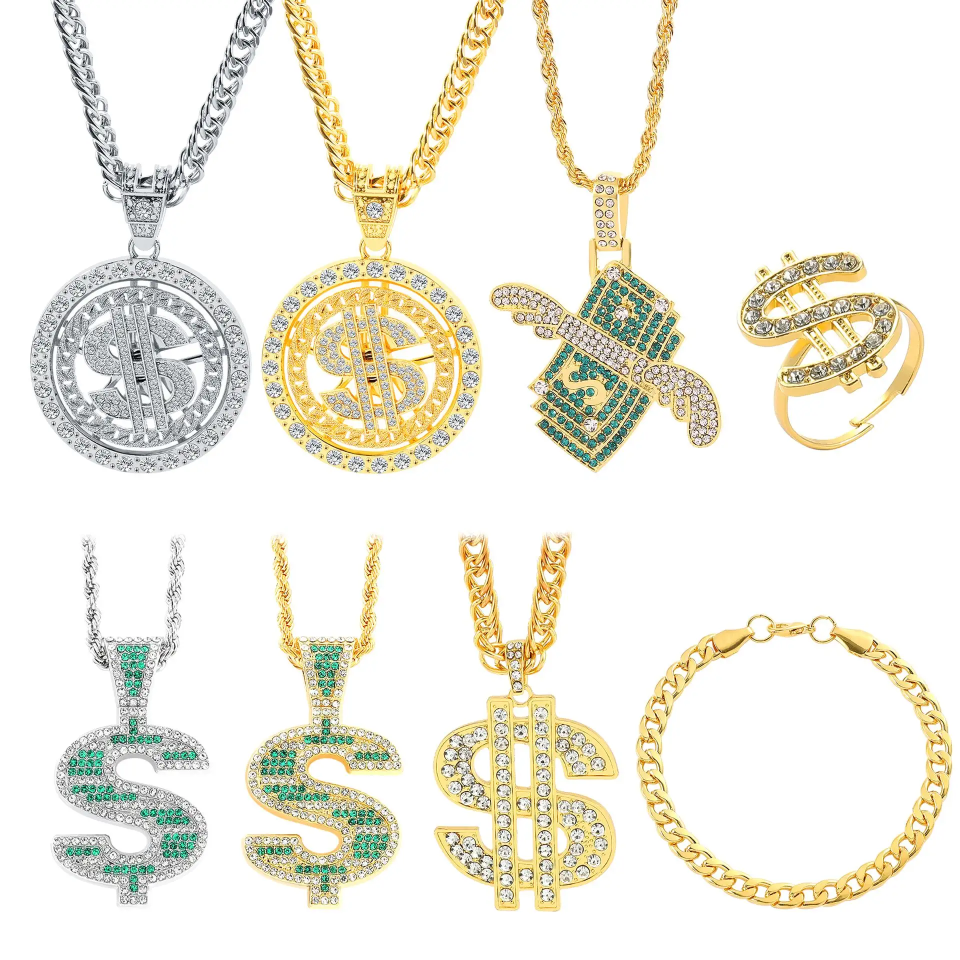 Colar hip hop com pingente de dólar giratório Bling, colar de cristal com corrente cubana, joia fashion para homens, sorvete de hip hop