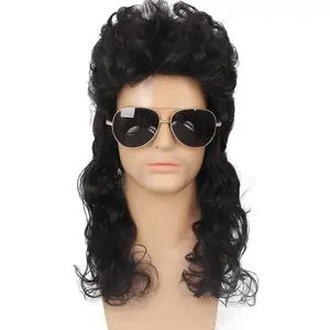 Mullet Wig Mens Black Long Curly Hair Wigs 70s 80s Male Halloween Costumes Punk Rocker TV Movie Wigs Party Performance Supplies
