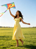Vestido Midi con Cuello Cuadrado y Manga Casquillo, Color Amarillo Pálido, Pliegues Cuadrados, Cintura Alta, Estilo Línea A, para Oficina y Trabajo, de Proveedor OEM, Fábrica China