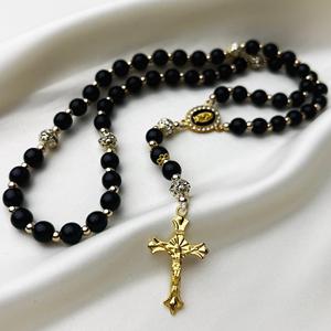 <span class=keywords><strong>Rosario</strong></span> Católico Vintage con Medalla de Nuestra Señora, Cuentas de Acrílico Negras, para Oración Religiosa, Meditación, Regalo - Product Image 1