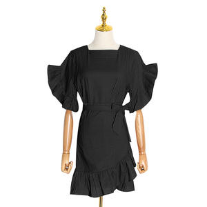 GIMILY OEM y ODM productos personalizados elegante color sólido Delgado Lino algodón mini vestido volantes Vestido de manga corta con buena calidad - Product Image 4