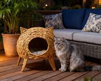 Cave pour chat en jacinthe d'eau tissée à la main, écologique, avec de jolies oreilles et des pieds en trépied, lit confortable surélevé avec coussin amovible