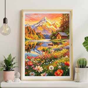 Kit de peinture à l'huile DIY par numéros Songwoo : Coucher de soleil, <span class=keywords><strong>montagne</strong></span> enneigée, lac, cabane, fleurs sauvages – Peinture sur toile personnalisée - Product Image 3