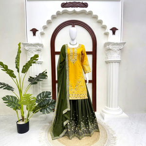 Ensemble Salwar Kameez en Georgette Brodé Bicolore avec Dupatta pour Mariage et Fêtes - Tenue Femme - Product Image 1
