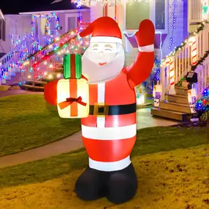 定制5英尺圣诞充气带礼品盒微笑圣诞老人吹充气带发光二极管灯户外装饰品