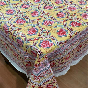 Nappe en coton au design traditionnel de luxe Six serviettes bloc à la main impression dentelle couverture motif carré floral mariage fête à la maison - Product Image 1