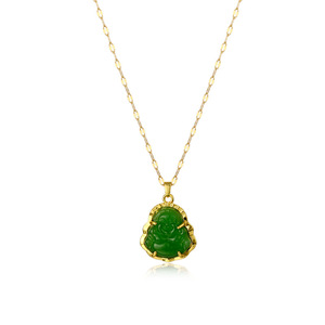 Collar de Buda Maitreya de ágata verde de acero inoxidable chapado en oro de 18K, colgante religioso de Jade y Buda