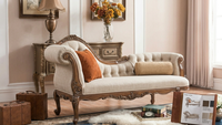 Chaise longue classique en cuir antique, sculptée à la main, en bois massif, capitonnée, style provincial français, mobilier de luxe pour villa
