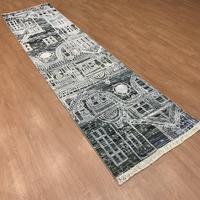 Runner Rug TRO-0115 Hand Knotted Wool Silk Persian Cityscape for Hallway Living Room Modern Abstract Customizable Size