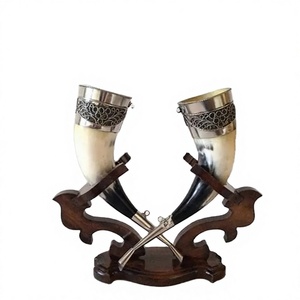 Cuerno Vikingo Decorativo Ecológico Natural, Concha Pulida Estilo Animal, Artesanía Metálica, Soporte de Madera Único, Souvenir - Product Image 1
