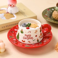 Offre Spéciale – Ensemble Tasse et Soucoupe en Céramique de Noël 280 ml avec Cuillère Dorée – Vert Olive et Rouge – Tasse à Thé et Café – Adorable Coffret Cadeau de Noël