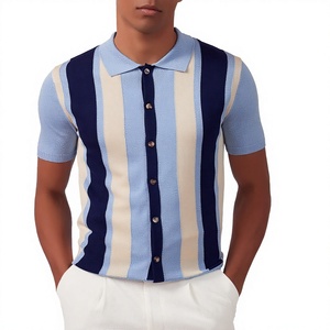 KALLSPIN Chemise Homme Rétro à Manches Courtes en Maille, Boutonnée, Rayée, Col Revers, Style Golf (Bleu Ciel, Taille XL), Lavage en Machine, 43% - Product Image 2