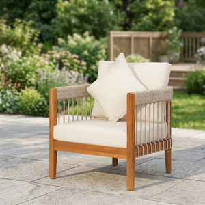 Sillón de Exterior Ergonómico y Ecológico de Madera de Acacia, Moderno, Tapizado, Impermeable, con Detalles de Cuerda Tejida a Mano, Curvo, para Sala de Estar u Hotel - Product Image 3