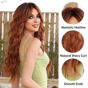 Perruque de cheveux ondulés bouclés longs synthétiques brun <span class=keywords><strong>rouge</strong></span> pour femmes perruque de vague naturelle auburn au gingembre <span class=keywords><strong>clair</strong></span> avec frange utilisation quotidienne résistante à la chaleur - Product Image 6