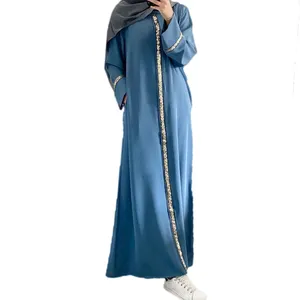 Mid East Gaun Muslim Wanita, Pakaian Panjang Longgar Payet Gamis Kasual untuk Perempuan