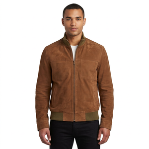 Wholesale <b>Men</b> <b>Suede</b> Bomber <b>Jacket</b> Olive Ribbed Collar Flight Coat Custom Slim Fit Yoke Trim Outerwear Factory - Product Image 1