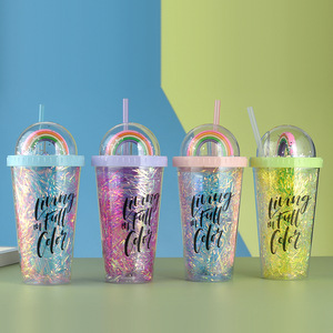 Double Walled Plastic Straw Cup Colorful Gold Thread Rainbow Design Portable Water Bottle For Students Back To School - Product Image 1