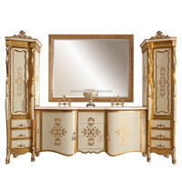Armoire royale européenne en bois massif sculpté classique Console de table d'appoint de salle de bain en marbre français antique pour meubles de salon