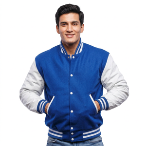 Unisex High Quality Blue Wool <b>White</b> Leather Sleeve Varsity <b>Jacket</b> New Condition Stand Collar with Chenille Embroidery <b>Men</b> <b>Jacket</b> - Product Image 1