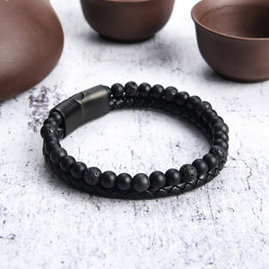 Natural Volcanic Lava Stone Leather Rope Double <b>Row</b> Charm Bracelet Rose Gold Plated Stainless Steel Magnetic Beads Trendy <b>Gift</b> - Product Image 6