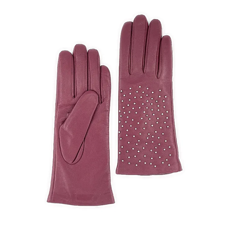 Moda invernale rosa 100% pelle di pecora da donna guanti in pelle con borchie