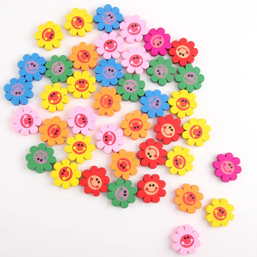 Schattige Cartoon Bloem Houten Kralen 22Mm Smile Happy Face Bloem Kralen Geverfd Afdrukken Gemengde Kleuren Voor Kinderen Diy Sieraden Maken