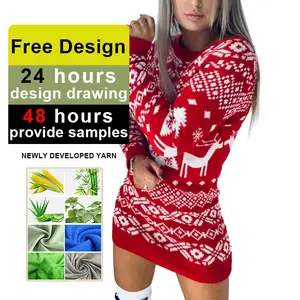 Winter Midi Printing Contrast Color Patchwork Jacquard Long-Sleeved Glitter Sheer Loose Girl Christmas Knit Sweater Dress