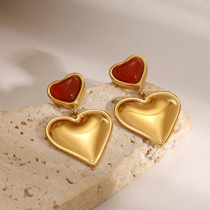Heart Shape <b>Red</b> Agate Drop <b>Earrings</b> Gold Plated Bezel Setting Gift Jewelry - Product Image 3