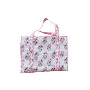 <b>White</b> pink floral quilted cotton tote <b>bag</b> with striped handles spacious shoulder style for shopping travel office everyday use - Product Image 1