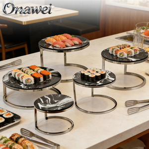 ขาตั้ง<span class=keywords><strong>บุฟเฟ่ต์</strong></span>ลายไม้สีขาวดำ Onawei <span class=keywords><strong>พร้อม</strong></span>ถาดเสิร์ฟเมลามีนสแตนเลส สำหรับจัดแสดงอาหารในงานแต่งงาน - Product Image 6