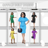Robe de bureau professionnelle pour femmes, nouveau design, manches courtes, longueur midi avec ceinture, motif uni, style décontracté, teinture unie