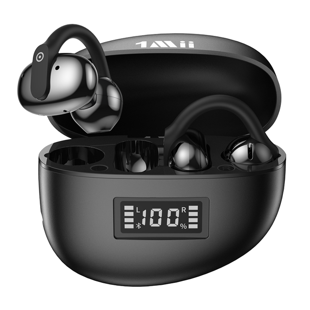 1Mii Bluetooth 6.0 Open Ear Wireless Earbuds with Charging Case Clip on Earphones Stereo Bass Noise Cancelling for Sports