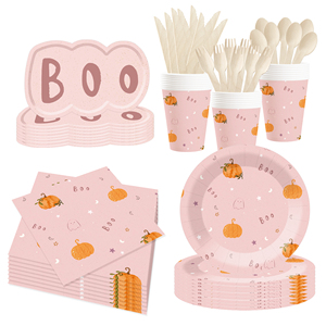 DAMAI Happy Birthday Theme Party Supplies <b>Disposable</b> Paper Plates Napkins Pink with Pumpkin Boo-shaped Tableware Set - Product Image 2