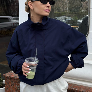 Chaqueta Cortavientos para <span class=keywords><strong>Mujer</strong></span>, Ligera, Resistente al Viento, Color Azul Marino, Cierre de Cremallera, Cuello Alto, <span class=keywords><strong>Corte</strong></span> Holgado, Informal, para Uso Diario, Otoño, Fabricante - Product Image 1