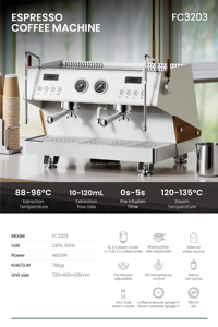 Machine à expresso professionnelle 2 groupes, 15 bars, en acier inoxydable, chaudière vapeur 6L et deux chaudières à café, pour barista professionnel et café - Product Image 4