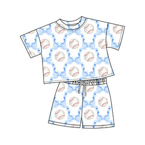 Conjuntos de Ropa Casual para Niños con Estampado de Béisbol, Pantalones Cortos, Mameluco de Burbuja para Bebé, Combinación para Hermanas, Algodón y Elastano Transpirable al por Mayor - Product Image 1