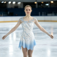 Robe de patinage artistique à manches longues, dégradé blanc et bleu clair, avec strass et maille, pour compétition et spectacle, pour adultes et enfants
